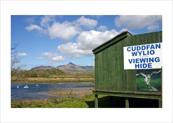 Osprey (Pandion haliaetus) viewing hide at nestsite, with bilingual sign, RSPB Glaslyn Osprey Project, Pont Croesor
