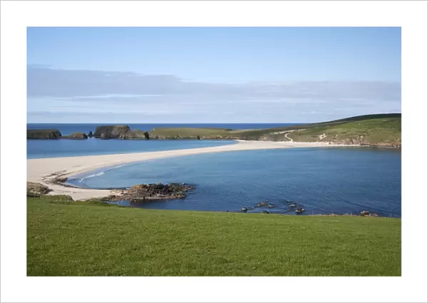 View of sandy beach connecting St. Ninians Isle to Bigton, Mainland, Shetland Islands, Scotland, May