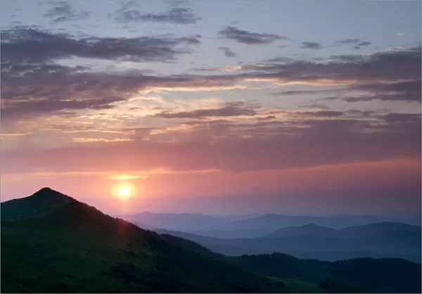 View of mountain landscape at sunset, Bieszczady N. P. Bieszczady Mountains, Outer Eastern Carpathians, Poland, June