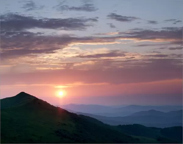 View of mountain landscape at sunset, Bieszczady N. P. Bieszczady Mountains, Outer Eastern Carpathians, Poland, June