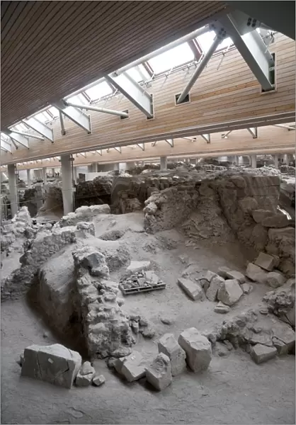 Excavation site of Minoan Bronze Age settlement, Akrotiri, Santorini, Cyclades, Aegean Sea, Greece, September