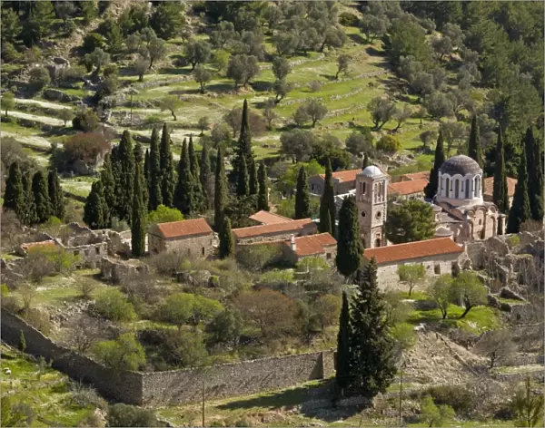 Ancient 11th century Byzantine monastery in mountains, Nea Moni, Chios, Greece, April