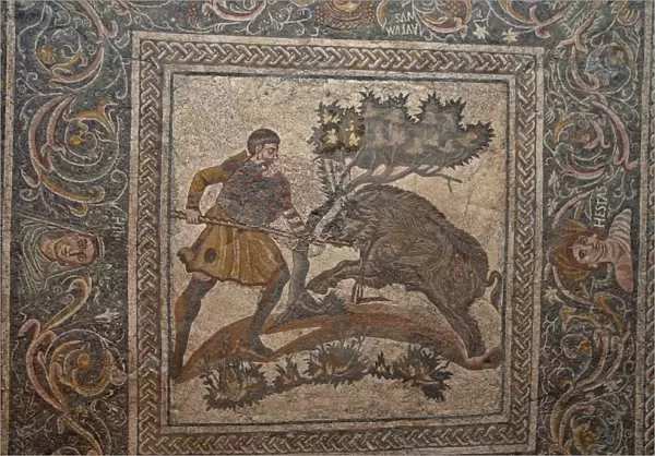 Roman mosaic from villa, hunting wild boar, National Museum of Roman Art, Merida, Extremadura, Spain