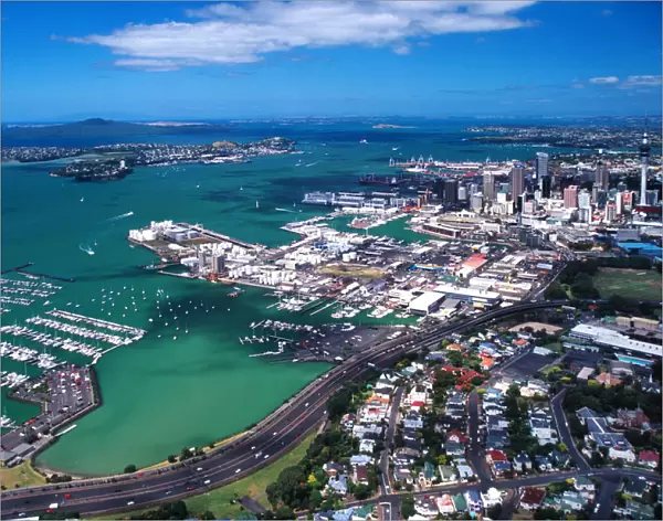 Westhaven Marina, Waitemata Harbour, waterfront, motorway and Auckland City - aerial