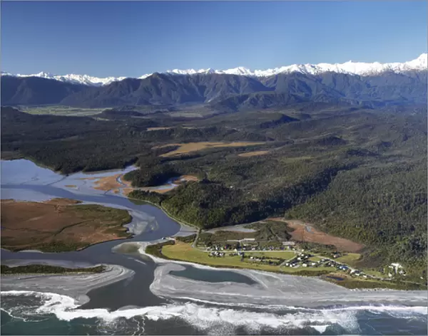 Okarito and Okarito Lagoon, West Coast, South Island, New Zealand - aerial