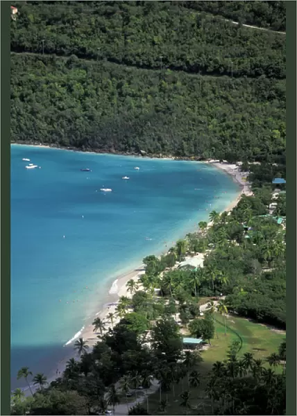 Caribbean, US Virgin Islands, St. Thomas, Magens Bay. Aerial view of bay and beach