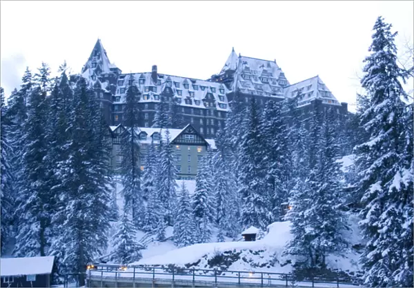 Canada, Banff, Banff Springs Hotel from Spray River Trail