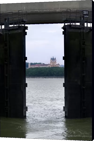 Europe, Austria, Melk Abbey seen through a lock on Danube River
