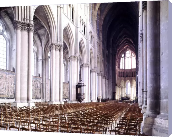 Reims Cathedral. Gothic architecture. Inside view. Nave. Marne