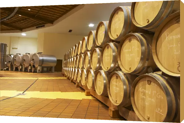 Oak barrels in rows and stainless steel roto-fermenters rotofermenters, Maison Louis Jadot