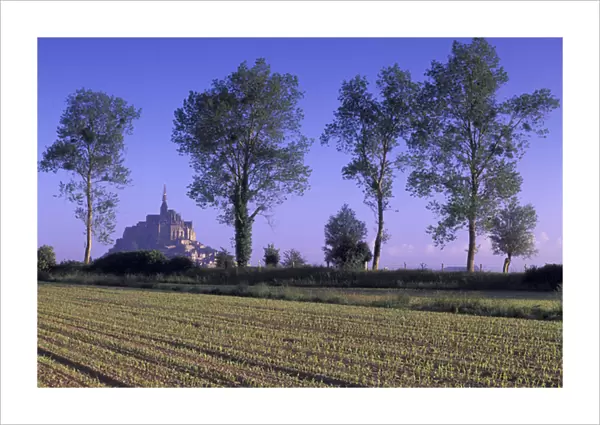 Europe, France, Normandy, Manche; Mont St Michel Distance view with trees