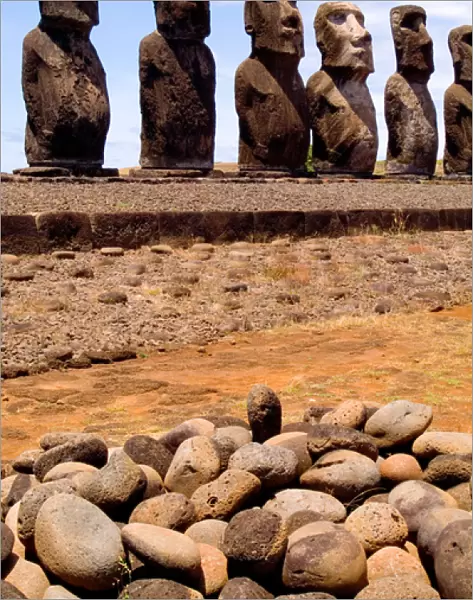 Moai Statues at Ahu Nau Nau Platform in Easter Island during Tapati Festival Rapa Nui