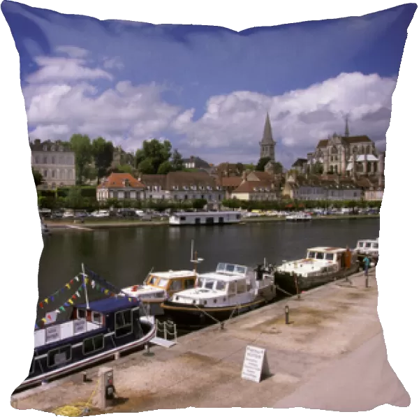 Europe, France, Burgundy, Auxerre. View of Cathedral and Yonne River barges