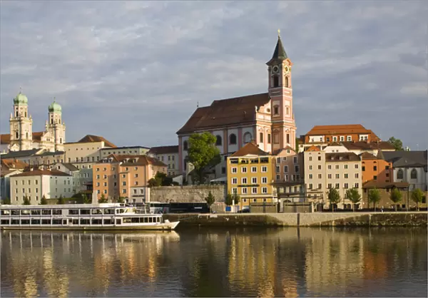 GERMANY, Bayern-Bavaria, Passau. Danube River View with St. Paul church, sunset