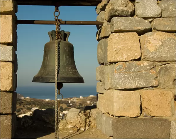 Warning Bells at the restored part of Pandelli Castle. Leros, Dodecanese Islands, Greece
