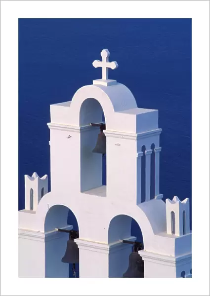 Europe, Greece, Santorini. Coastal bell towers