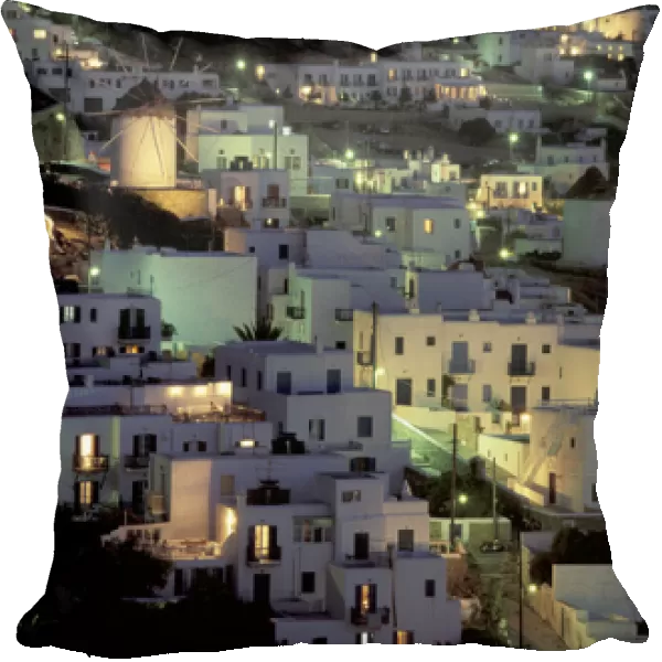 Europe, Greece, Cyclades Islands, Mykonos. Hilltop buildings at night
