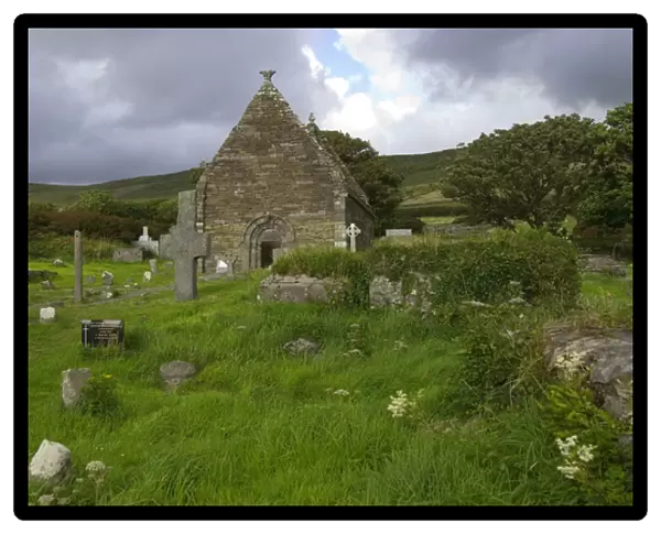 IRELAND, Kerry, Dingle Peninsula. ruins of Kilmalkedar Church, 12th century