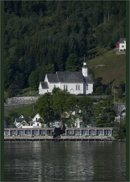 Norway, Hellesylt. Geirangerfjord at the port city of Hellesylt. UNESCO. Historic Sunnyleven Church