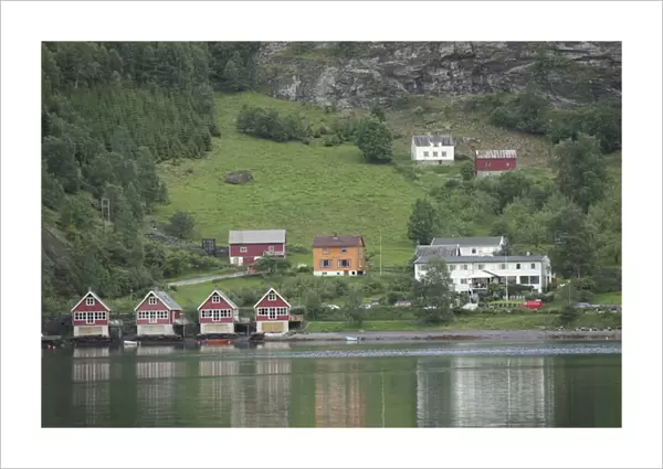 Boat houses in Beautiful Flam; situated in the innermost part of the Sognefjord surrounded