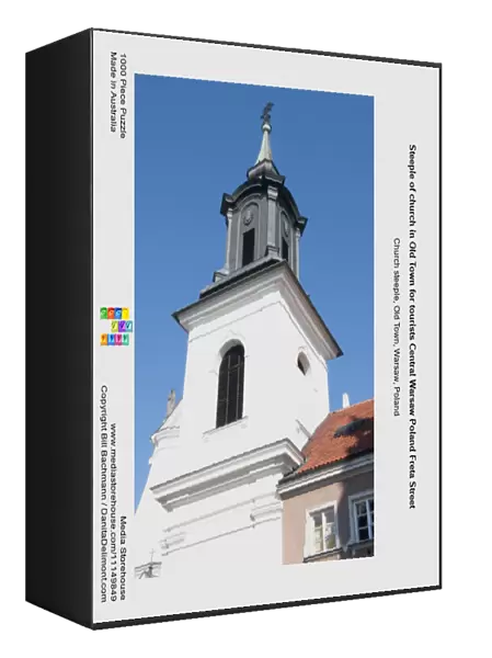 Steeple of church in Old Town for tourists Central Warsaw Poland Freta Street