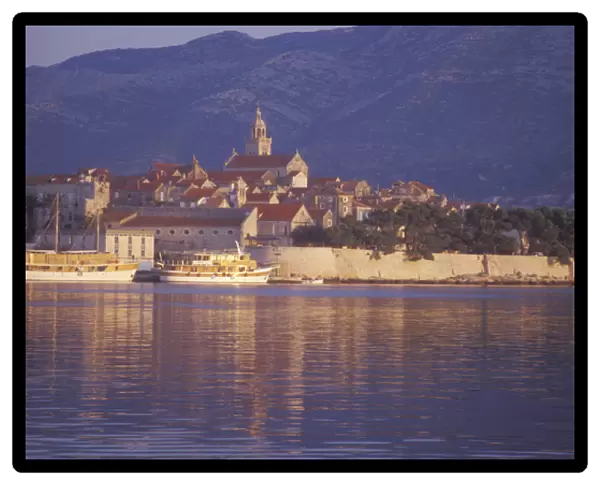 Korcula Town from the East Harbor at sunrise. Korcula Island. Croatia