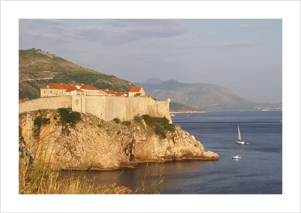 A view of the Lovrijenac Fort and the sea, mountains in the background Dubrovnik, old city