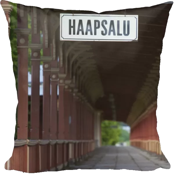 Estonia, Western Estonia, Haapsalu, town sign at train station