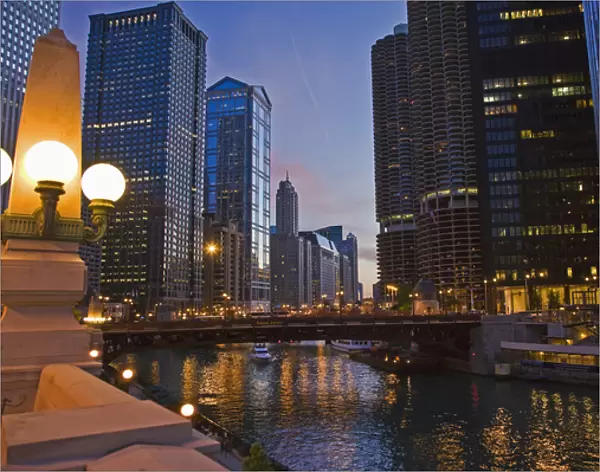 Sunset in Chicago on the Chicago River evening