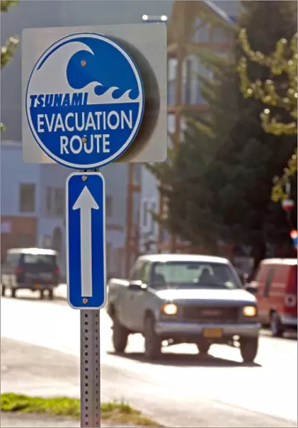 Signs are posted along the streets of Seward Alaska to warn people of possibility of tsunami