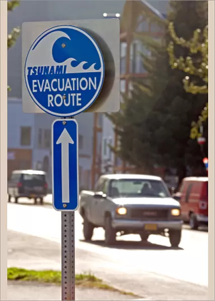 Signs are posted along the streets of Seward Alaska to warn people of possibility of tsunami
