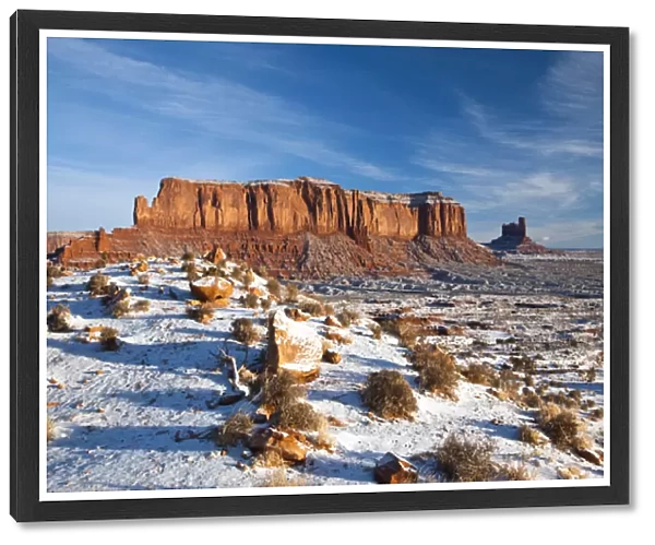 USA, Arizona, Monument Valley Navajo Tribal Park. Monument Valley in the snow, morning