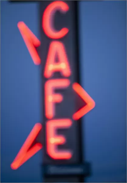 USA, Idaho, Arco, Neon Cafe sign at dusk