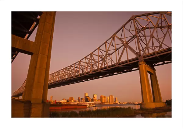 USA, Louisiana, New Orleans. Skyline from the Greater New Orleans Bridge and Mississippi River