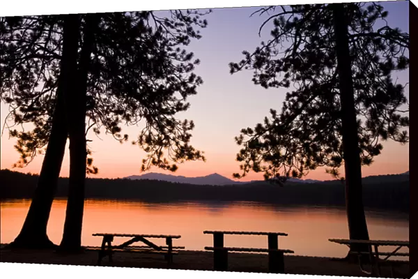 Picnic benches after sunset at White Lake State Park in Tamworth, New Hampshire