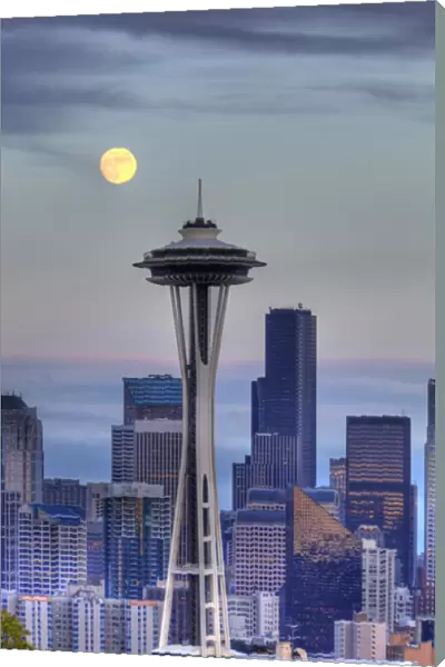 WA, Seattle, Seattle skyline with moon rising from Kerry Park