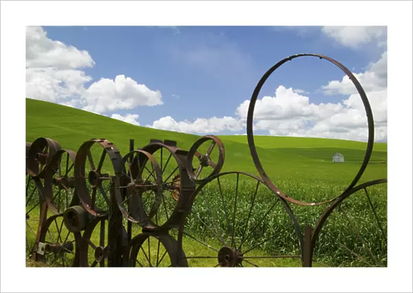 North America, USA, Washington. Uniontown, View of Old Barn Throgh Wheel Fence with Rolling