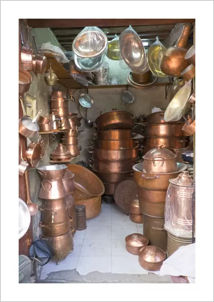 North Africa, Morocco, Fes, Medina store of Copper and Brass
