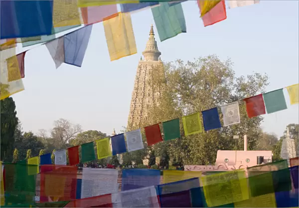 Bodh Gaya Temple with prayer flags. Bihar, India