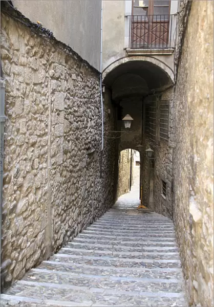 Europe, Spain, Girona. Steps of walkway and tunnel in Girona