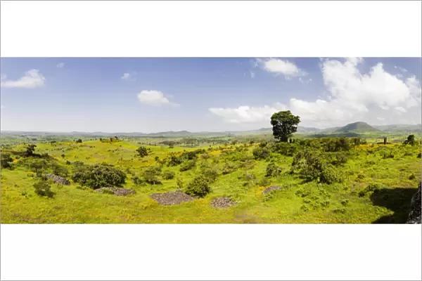 Panorama Landscape between Gonder and Lake Tana in Ethiopia, lake Tana is visible on the horizon