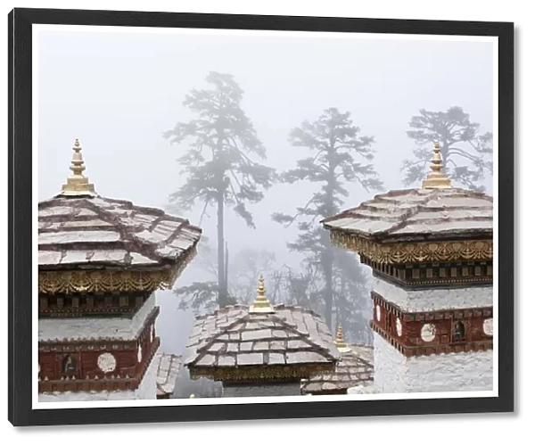 Asia, Bhutan, Dochu La. Close-up of chortens or stupas and trees in fog. Credit as