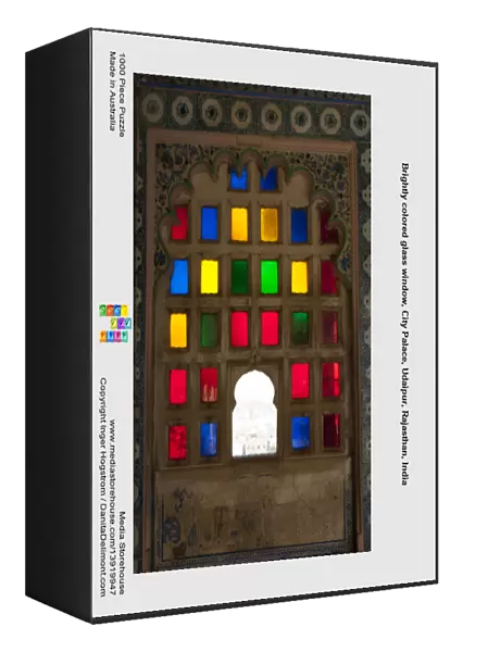 Brightly colored glass window, City Palace, Udaipur, Rajasthan, India