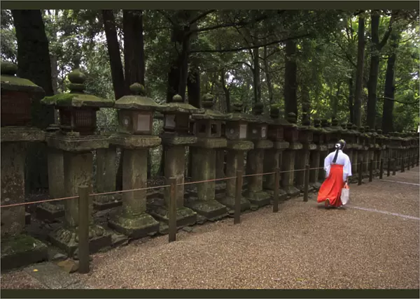 A female shrine attendant walks past a long row of decorative stone lanterns at Kasuga