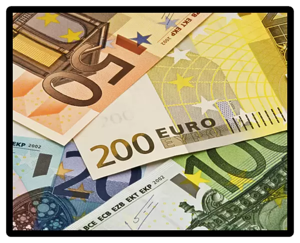 Close-up of assorted Euro paper currency