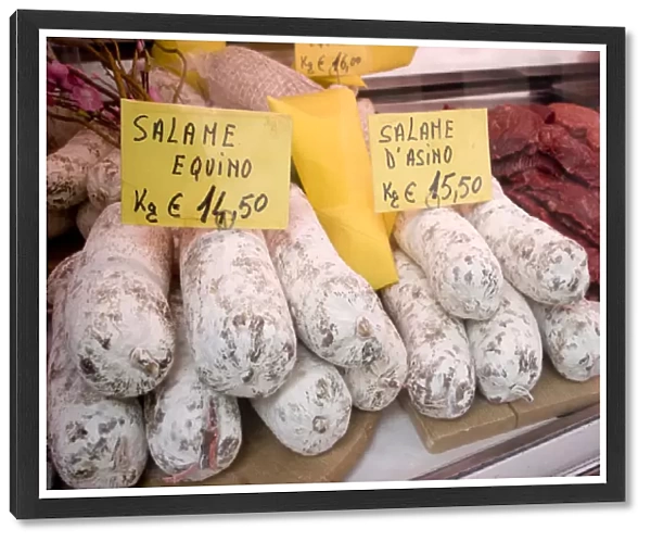 Europe, Italy, Venice. Horse meat products for sale at market