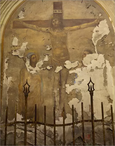 Europe; Italy; Lucca; Weathered Fresco in Lucca Depicting Jesus Crucifixion