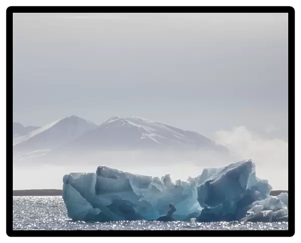 Europe, Norway, Svalbard. Backlit blue glacial ice