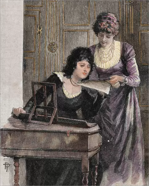 Women with a harpsichord. Colored engraving, 1895