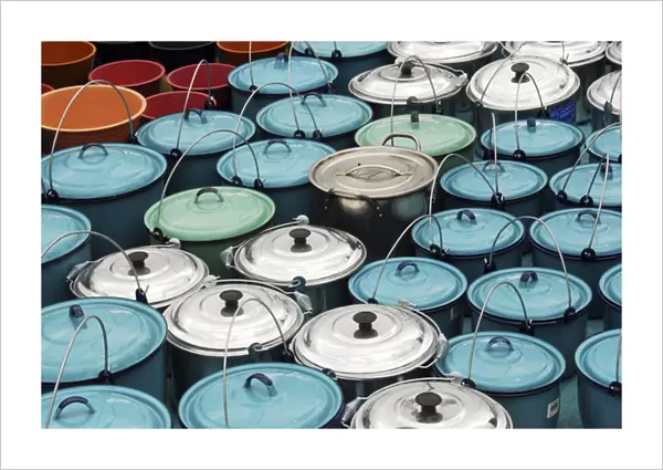Mexico, San Juan de Chamula, metallic buckets with handles in abundance displayed